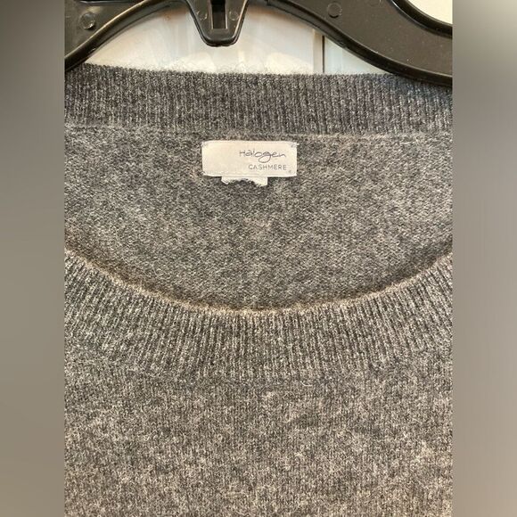 Halogen 100% Cashmere Grey Raglan #5 Stripe Sleeves Preppy Soft Sweater Large - Picture 5 of 8